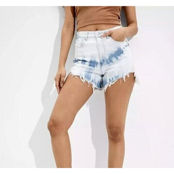 American Eagle Bootie Shorts Sz 4 High Waist Distressed Raw Hem Bleached Denim - Picture 1 of 12